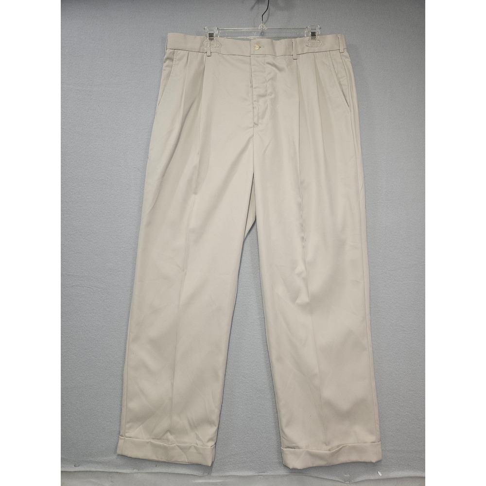 Van Heusen Mens Tan Pleated Cuffed Dress Pants Stain Shield 36x30 Khaki Trousers